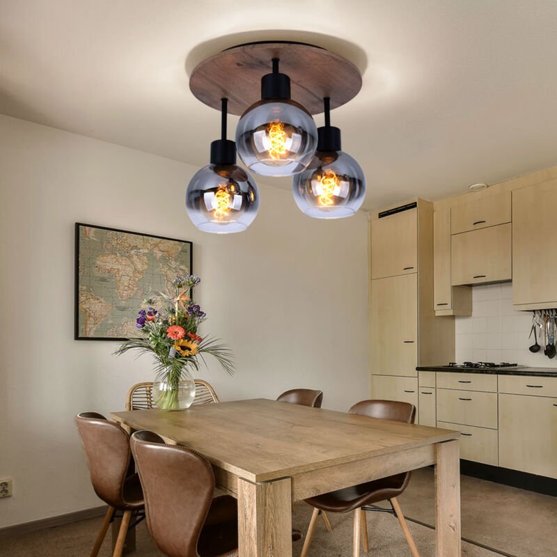 Deckenleuchte Schlafzimmerlampe Deckenstrahler Holzoptik Glasschirm 3-flammig Deckenlampe, Metall mdf, 3x E27 Fassung, D...