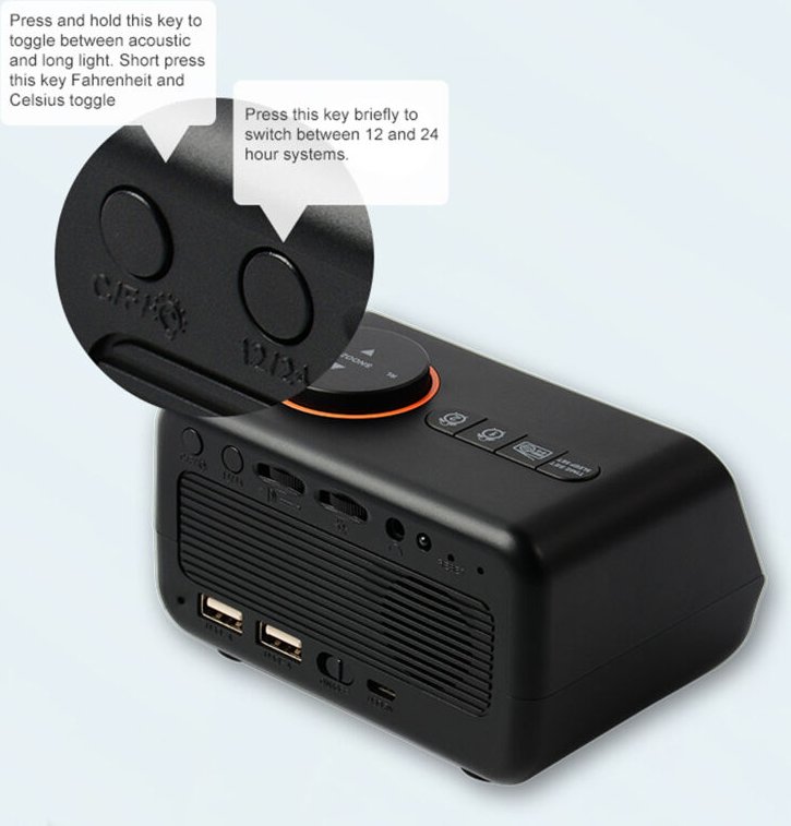 SEAFRONT Doppelwecker mit großem Display, UKW-Radio, Temperatur- und Feuchtigkeitssensor, USB-Ausgang, Akku, Geräuschakt...