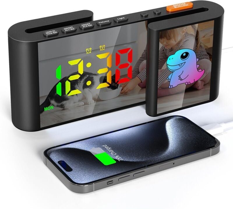 Digitaler Kinderwecker mit 7-farbigem Nachtlicht, Cartoon-RGB-Farb-LED-Spiegelwecker mit Schlummerfunktion, 2 Weckmodi, ...