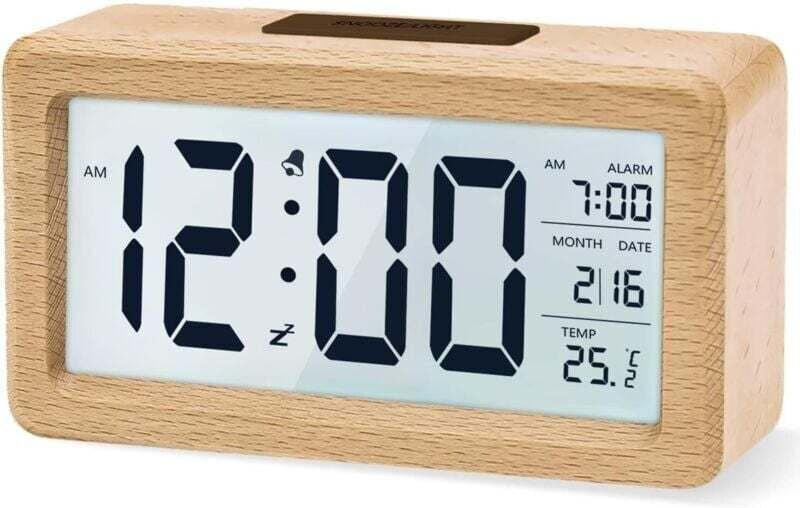 Digitaler Wecker, Nachttischuhr aus Holz mit großem LCD-Display mit Hintergrundbeleuchtung, Temperatur, Schlummerfunktio...