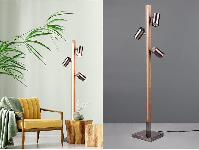 Led Stehlampe Holz / Silber matt, 3 Spots schwenkbar, Höhe 130cm