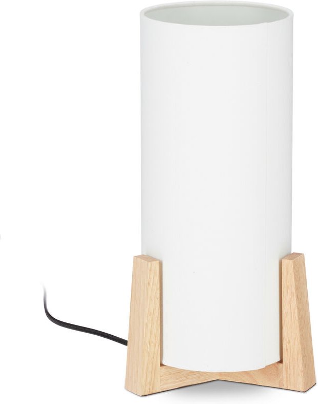 Tischlampe Holzfuß, runder Lampenschirm, modernes Design, E14, Nachttischlampe, HxD: 33 x 15 cm, weiß/natur - Relaxdays