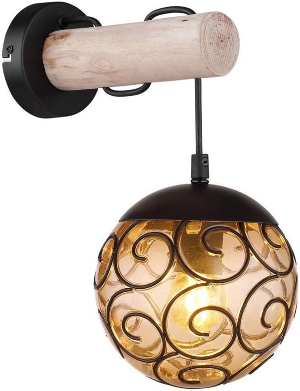 Wandlampe Wandleuchte Vintage Wohnzimmerlampe amber Flurleuchte rund, Metall schwarz Holz Kunststoff, 1x E27, BxH 15 x 3...