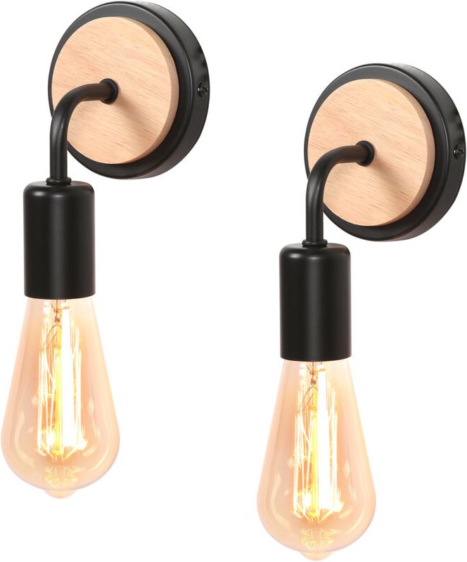 Wandleuchte Innen, 2 Stück Schwarz Holz Wandlampe E27 Vintage für Wohnzimmer, Schlafzimmer, Flur, Restaurant (Ohne Leuch...
