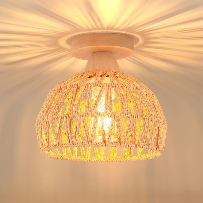 Vintage-Industrie-Deckenleuchte, Kronleuchter aus Holz und Rattan, E27-Fassung, dekorative Pendelleuchte für Schlafzimme...