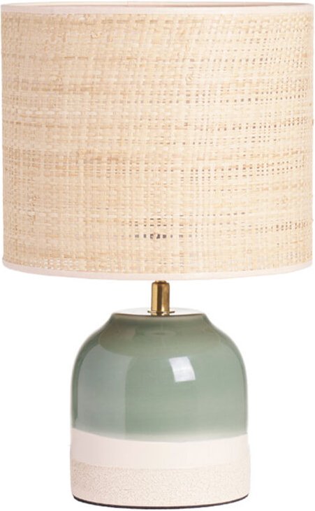 Grüne Keramiktischlampe mit Rattanlampenschirm H35 cm piega