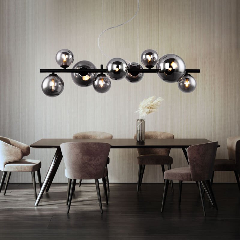 Pendelleuchte Kugel Glas Hängelampe Esstisch schwarz Wohnzimmerlampe hängend Modern, 9 Flammig mit Rauchglas, 9x led 3,5...