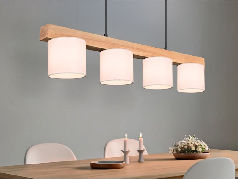 Meinewunschleuchte - led Holzbalken Pendelleuchte 4-flammig, Stoff Lampenschirme Weiß, b: 75cm