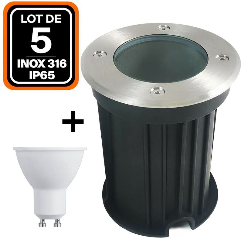 Europalamp - 5er- Bodeneinbaustrahler Rund Edelstahl 316 Außen IP65 + Glühlampe GU10 7W Kaltweiß 6000K
