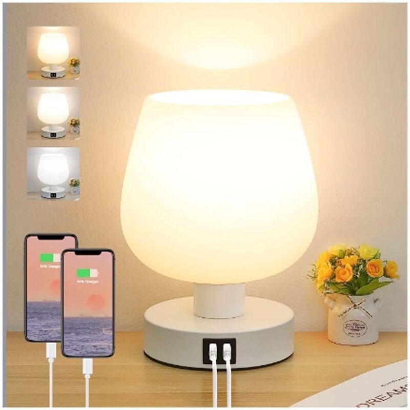 Touch-Nachttischlampe, Schreibtischlampe mit USB-A+C-Ladeanschlüssen, 3-fach dimmbar, weißer Glasschirm, kleine kabelgeb...