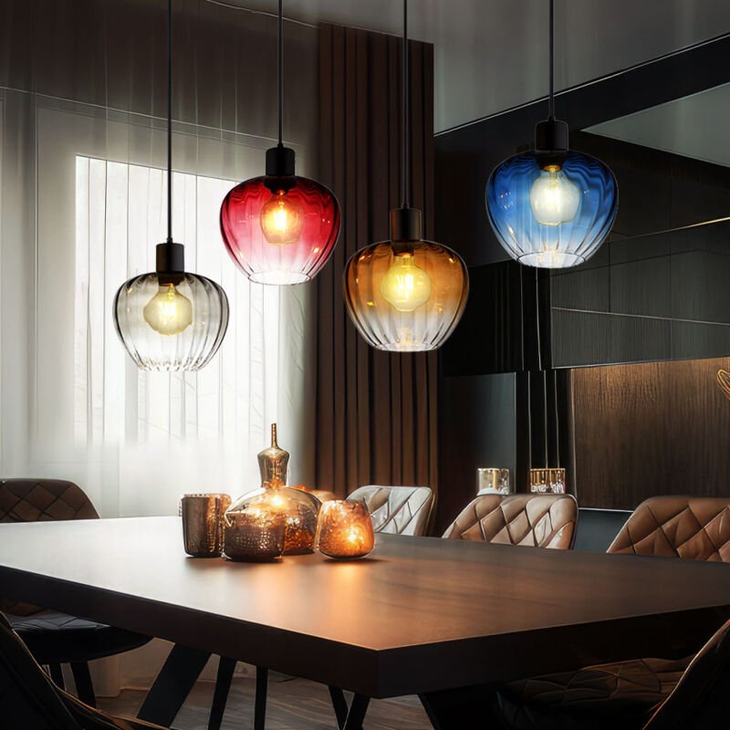 Thumbnail - Nowa - Hängeleuchte Glasschirme bunt Pendelleuchte Retro Esszimmerleuchte schwarz, Metall, 4x E27 Fassung, LxBxH 108x24x...