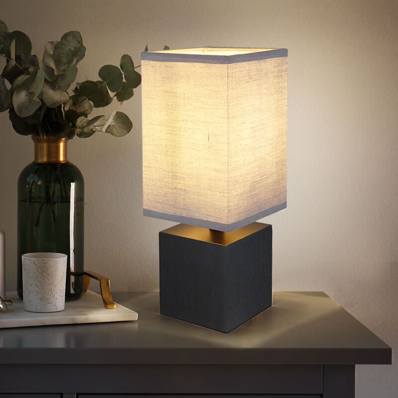 Tischleuchte Nachttisch Beistelllampe modern Schirmleuchte schwarz, Schreibtischlampe Holz Würfel, Textil anthrazit, 1x ...