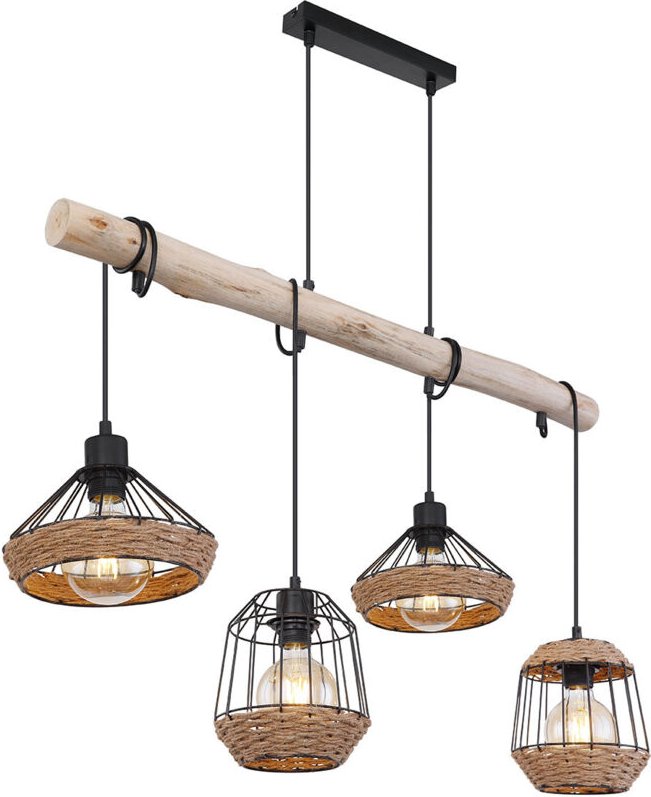 Hängeleuchte Holzbalken Hängelampe Hanfseil Retro Holz Käfig-Design Esszimmerlampe hängend 4 Flammig, Kabel schwarz, 4x ...