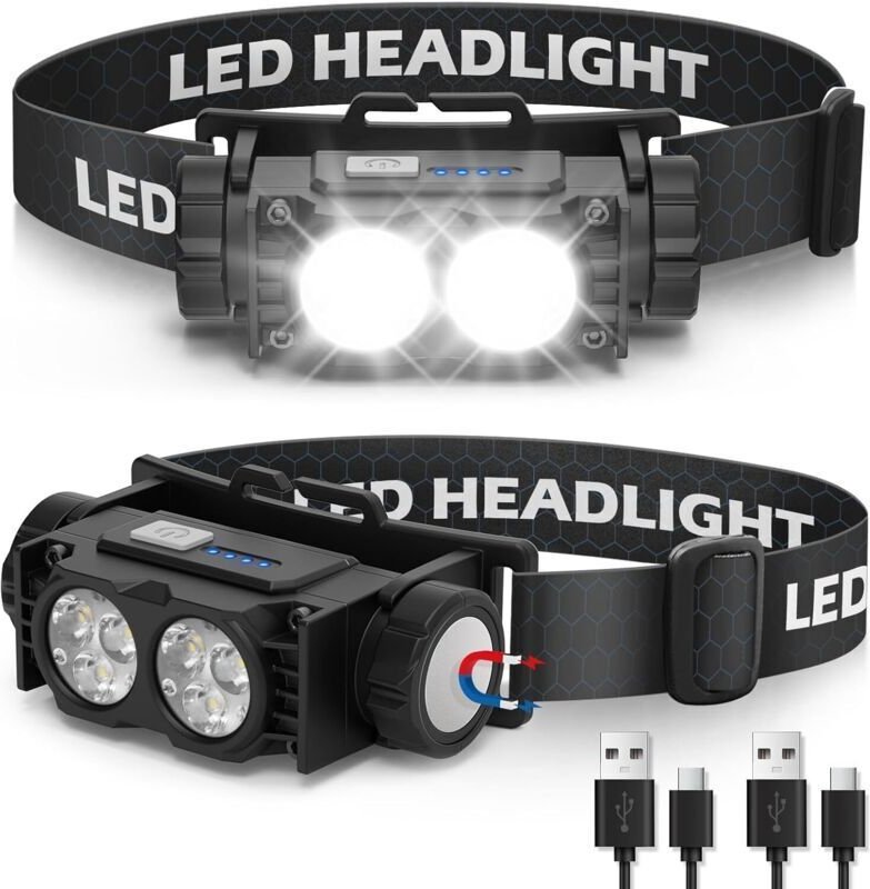 2-teiliges Stirnlampen-Set, extrem leistungsstarke LED-Stirnlampe, 3 Modi, IPX5 wasserdicht, USB-aufladbar, für Angeln, ...
