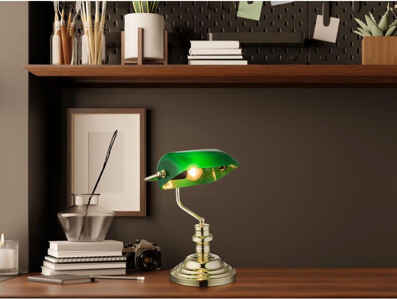 Thumbnail - Eglo - Retro Schreibtischlampe antique Messing mit Acrylschirm Grün, Höhe 36cm