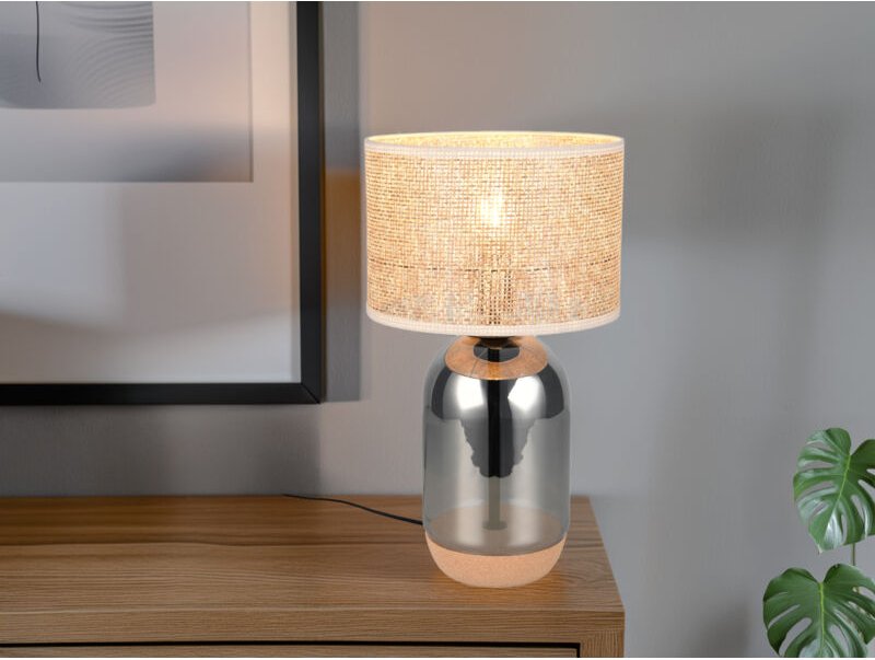 Große Tischleuchte tara mit Rattanschirm, Kork und Glasfuß, Höhe 43cm