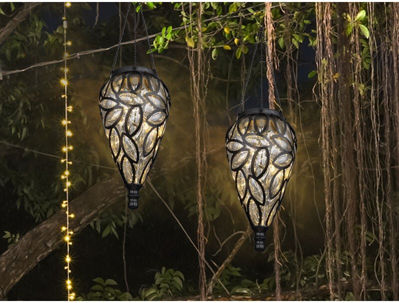 Meinewunschleuchte - led Solarlaternen Hängeleuchten 2er Set, Lampenschirm klar, Höhe 50cm