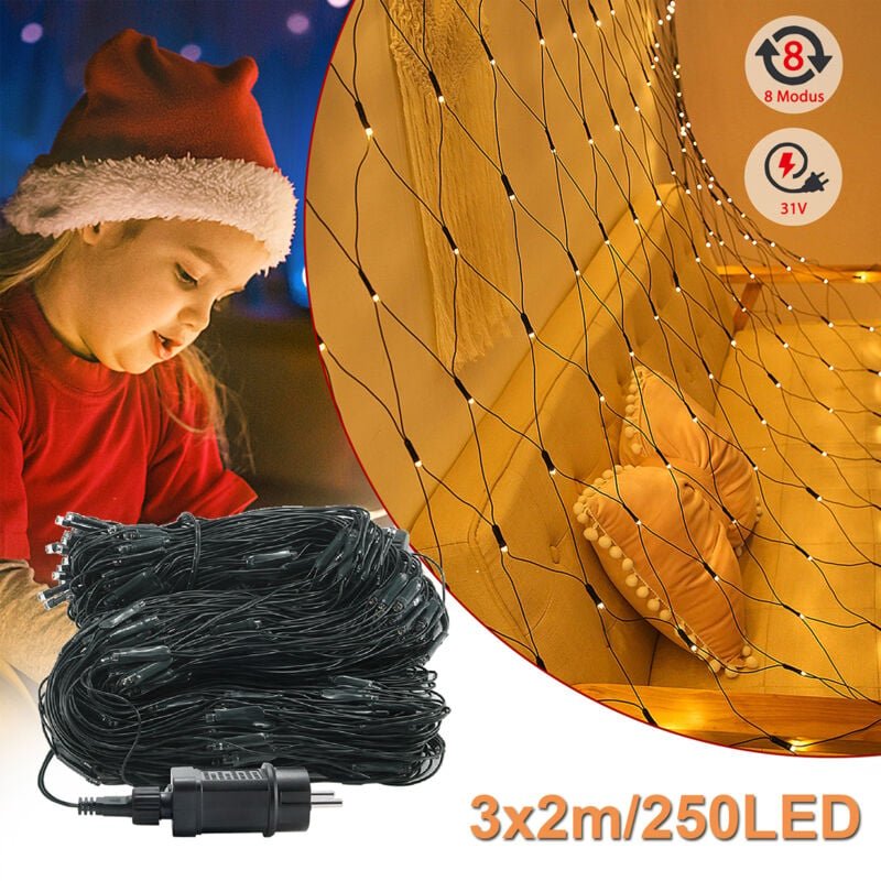 Froadp 3x2m Lichterketten LED Lichternetz IP44 Wasserdicht Lichterkette Vorhang mit 250 Warmweiß LEDs & Stecker Weihnach...