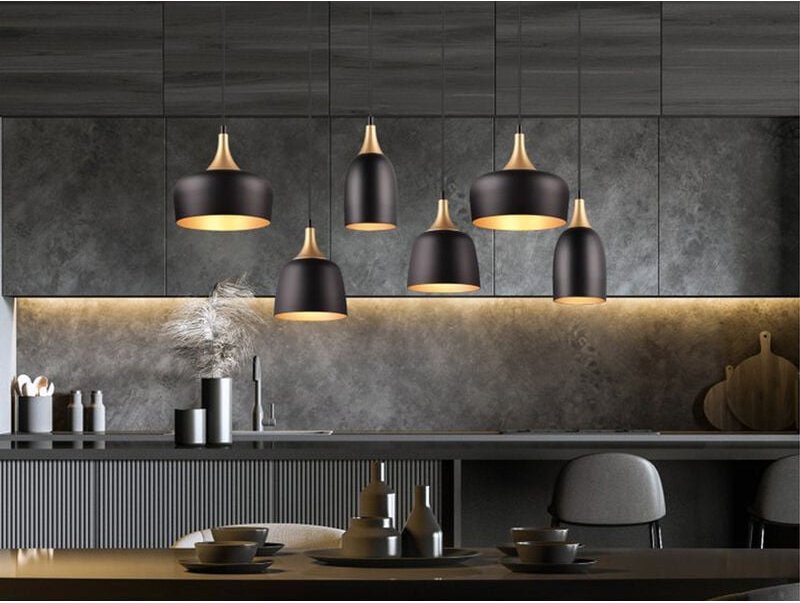 Led Pendelleuchte 6 flammig Metall Schwarz Gold, Breite 90cm