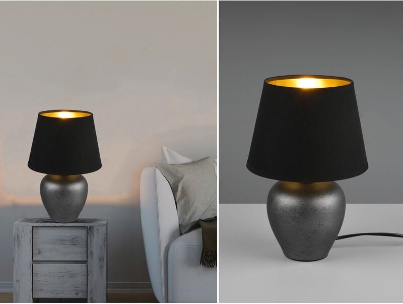 Kleine Tischlampe abby mit Keramikfuß & Stoffschirm Schwarz Gold, Höhe 26cm