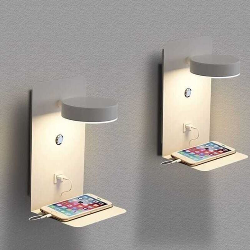 Thumbnail - 2er-Pack LED-Wandleuchte für den Innenbereich mit USB-Anschluss, 12 W, dreifarbig, dimmbar mit Schalter, 330° drehbare N...