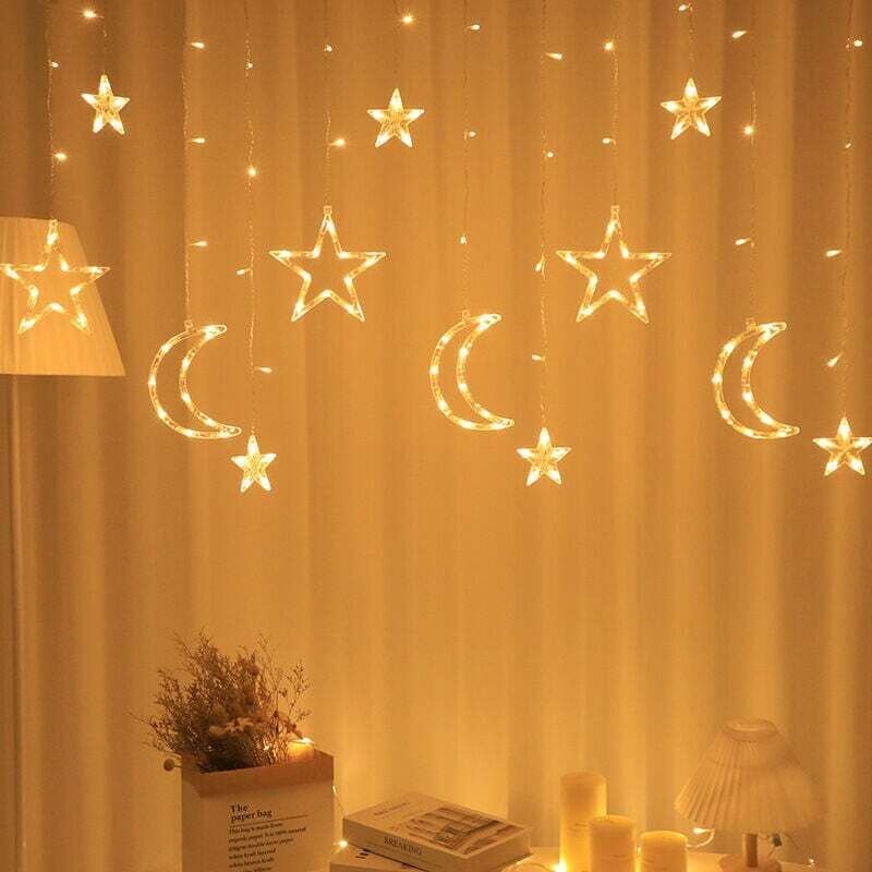 Étoiles Lune Rideau Lumières, 3,5M LED Guirlande Lumineuse Rideau Noël, 8 Modes Rideau Lumineux Intérieur, IP44 Batterie...