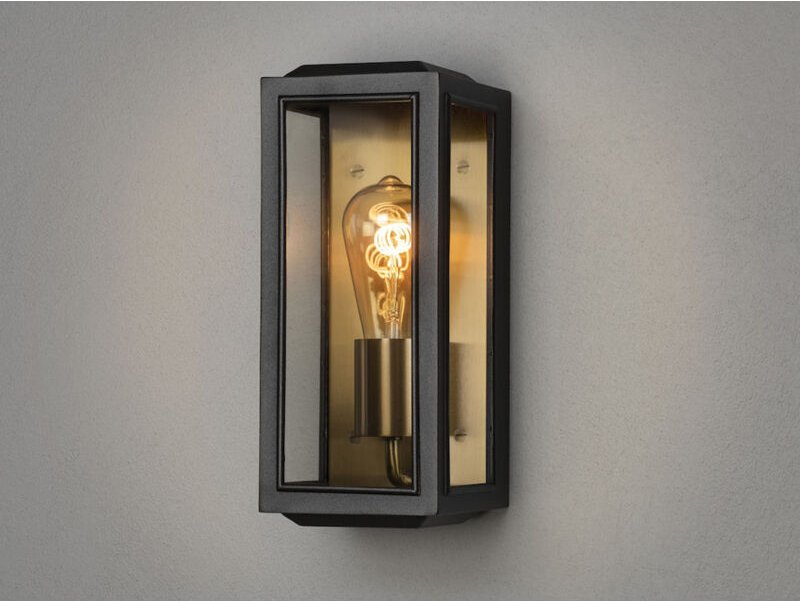 Schmale Außenwandlaterne CARPI Schwarz-Messing mit Klarglas, Höhe 30cm