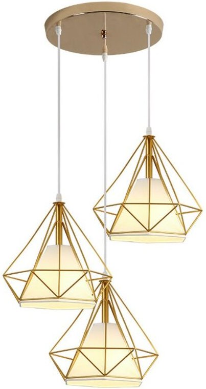 Pendelleuchte 3 Flammig Hängelampe, Ø25cm Diamant Form, mit Käfig für Wohnzimmer Schlafzimmer Esszimmer Küche Alles Gold