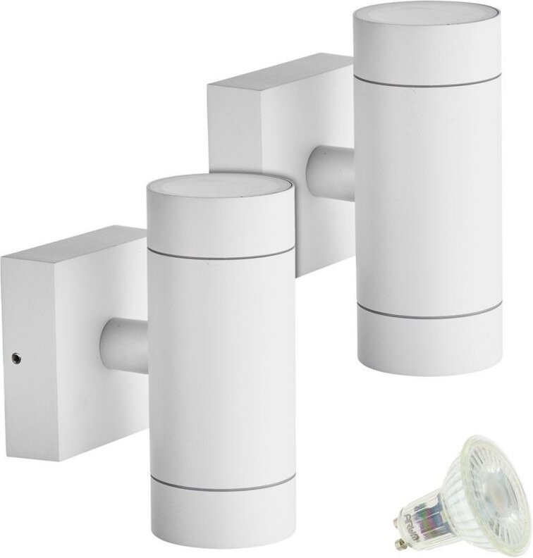 Set mit 2 weißen VENICE-Außenwandleuchten mit zwei Lichtstrahlen und 4 GU10-5-W-LED-Lampen Farbtemperatur: Warmweiß 2700...