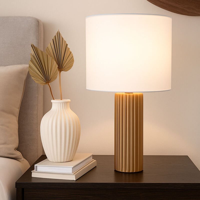 Tischleuchte Nachttischlampe Mokka Keramik Wohnzimmerlampe Textil Leseleuchte Tischlampe Beige, 1x E27, DxH 28 x 51 cm