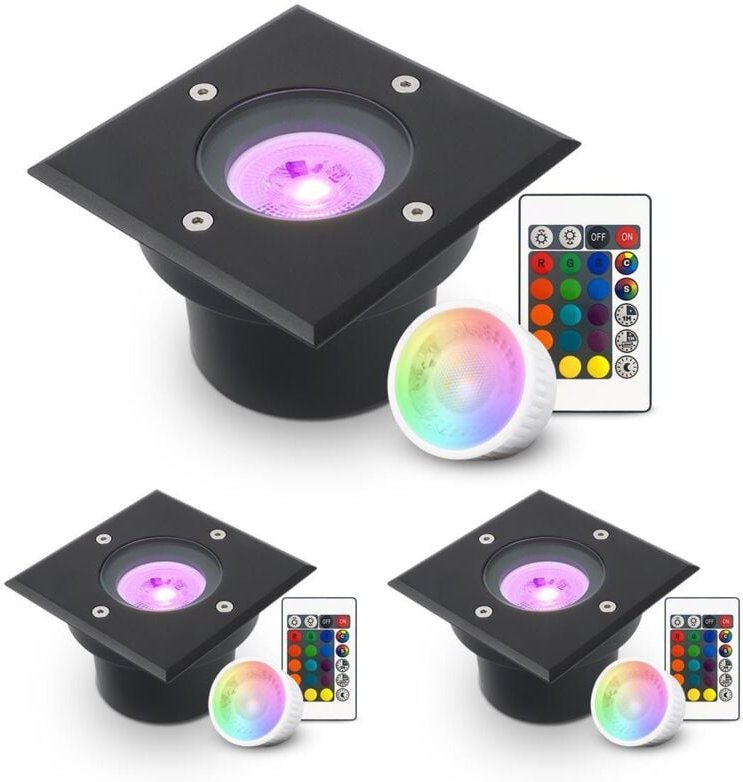 Thumbnail - LED Bodeneinbaustrahler Schwarz FLACH eckig 230V IP67 - Leuchtmittel: 5W RGB+CCT DIMMBAR 60° - Anzahl: 3x