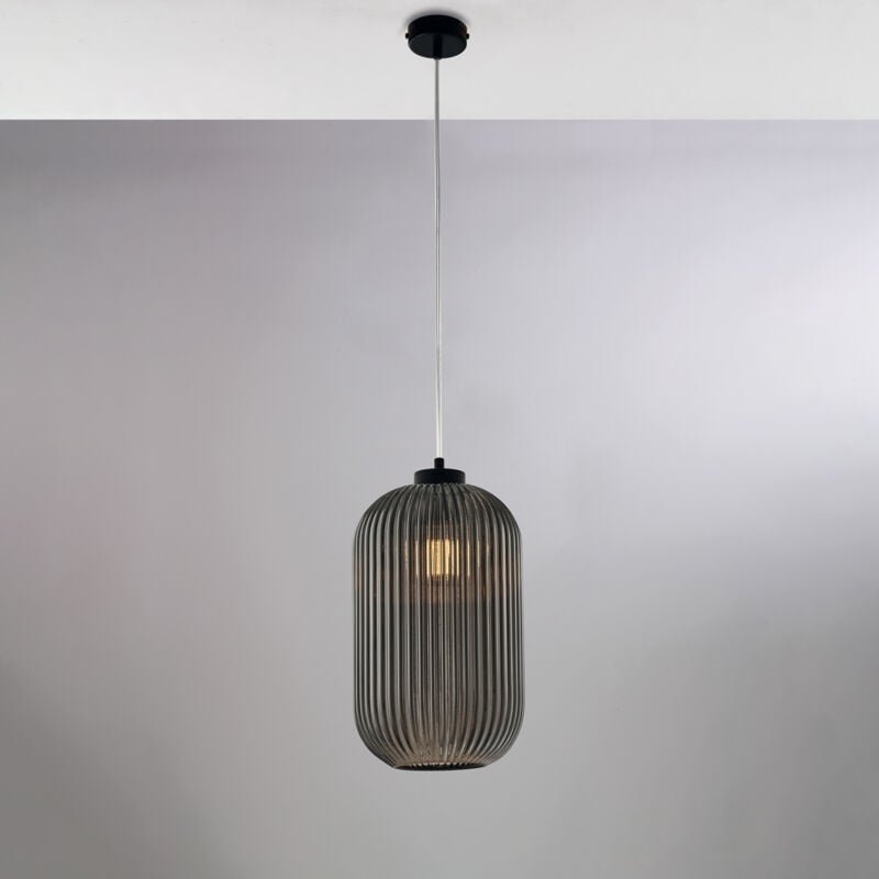Krizia – Pendelleuchte schwarz, Glas grau verspiegelt mit Streifendekor, Ø20, 1-flammig – BL310-S1-SP
