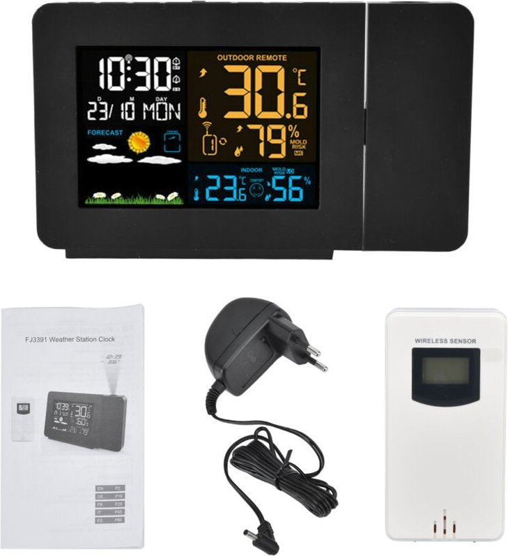 Innen- und Außenthermometer Uhr mit 60 m Übertragung Projektionsfunktion Temperaturvorhersage Digitales Hygrometer eu 10...