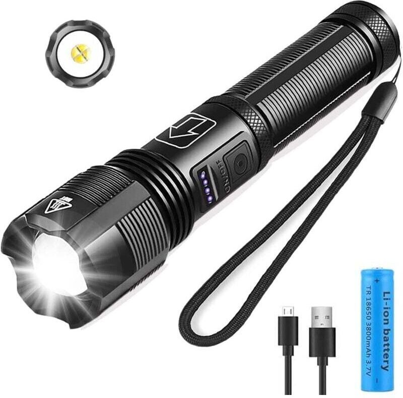 XHP50 LED-Taschenlampe, 3000 Lumen - Wiederaufladbarer 18650-Akku (3800 mAh) - Zoom/Wasserdicht/5 Modi - für Camping, Wa...