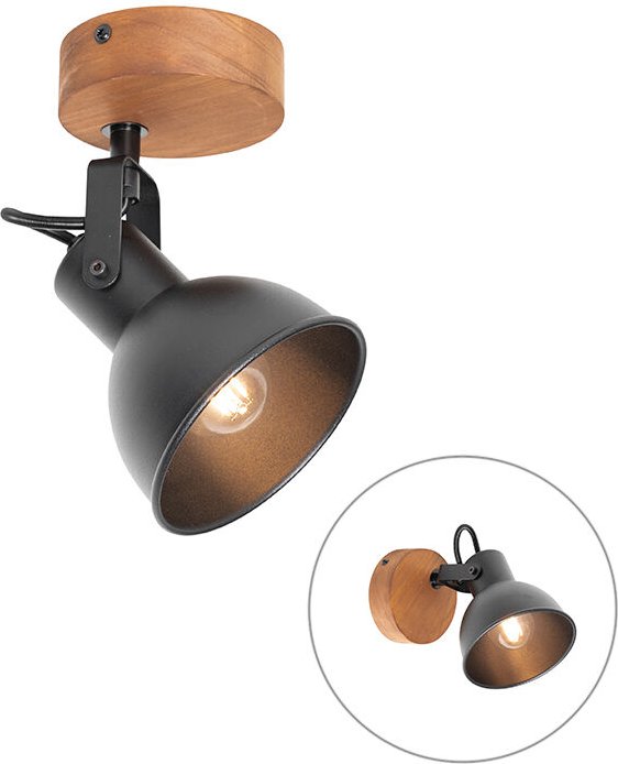 Industrie-Spot schwarz mit Holz neigbar - Tommy