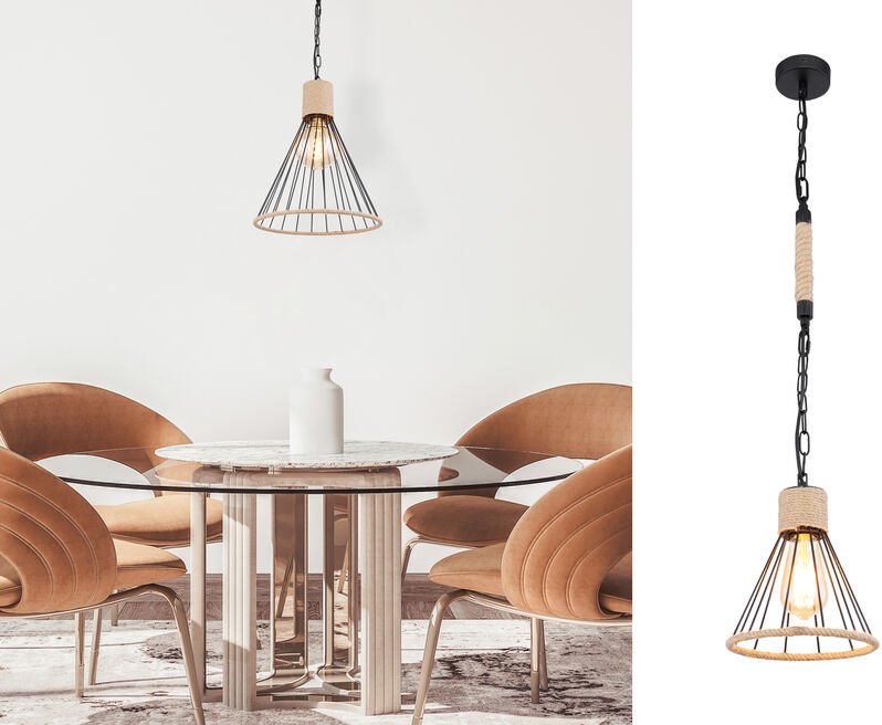 LED Pendelleuchte Drahtlampe Metall Schwarz mit Hanfseil, Ø 35cm