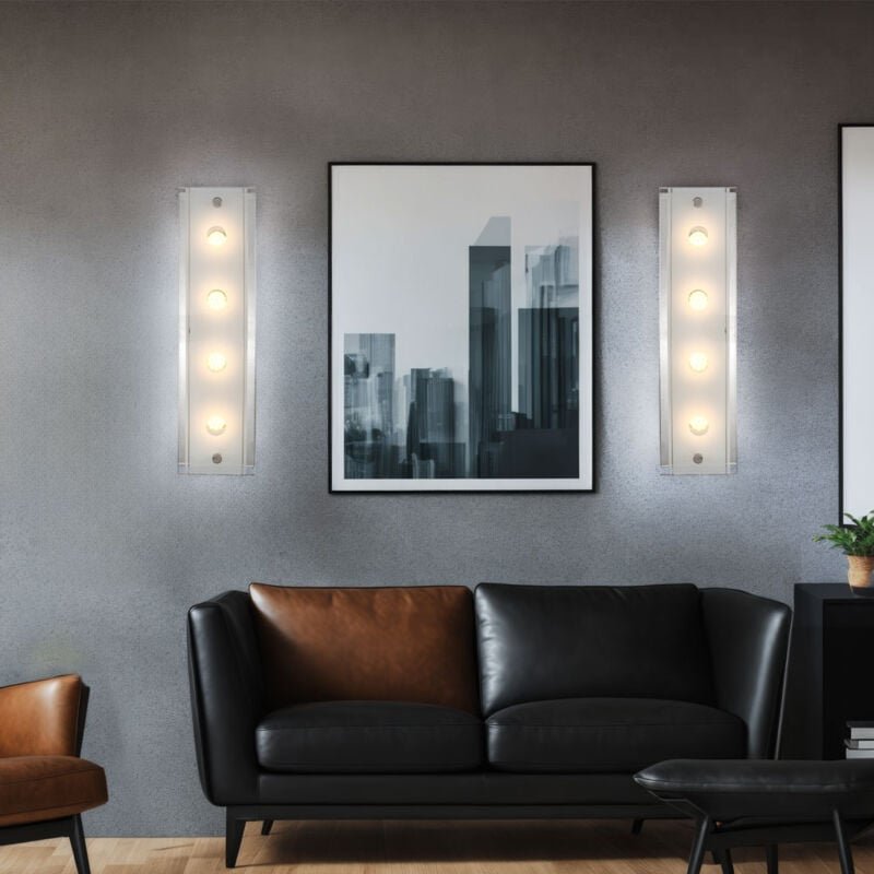 Wandlampe 4 Flammig Wandleuchte Chrom Wohnzimmerlampe Flurleuchte Glas teilsatiniert, Schalter, 4x led 5W 200Lm warmweiß...