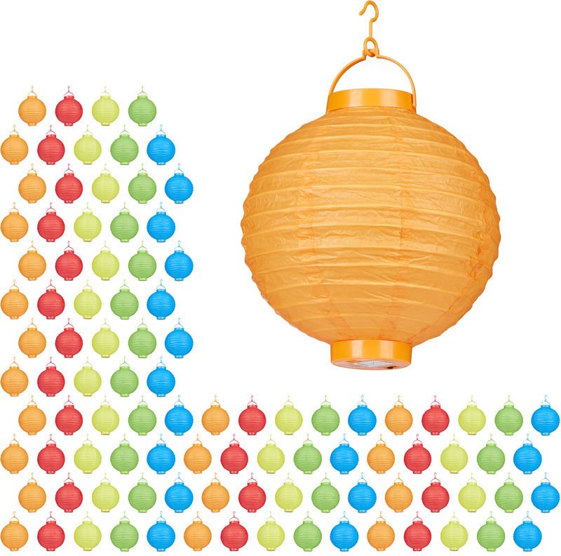 100 x LED Lampions bunt, batteriebetrieben, Lampion Set für Draußen & Drinnen, zum Aufhängen, Papierlaterne Ø 20cm, farb...