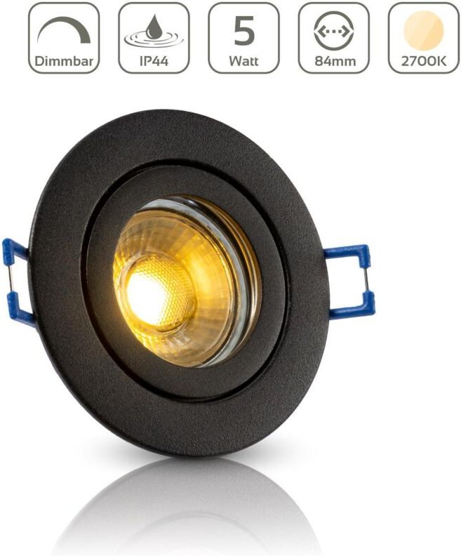 Einbauspot IP44 rund starr - Farbe: schwarz - LED Leuchtmittel: GU10 5W warmweiß dimmbar