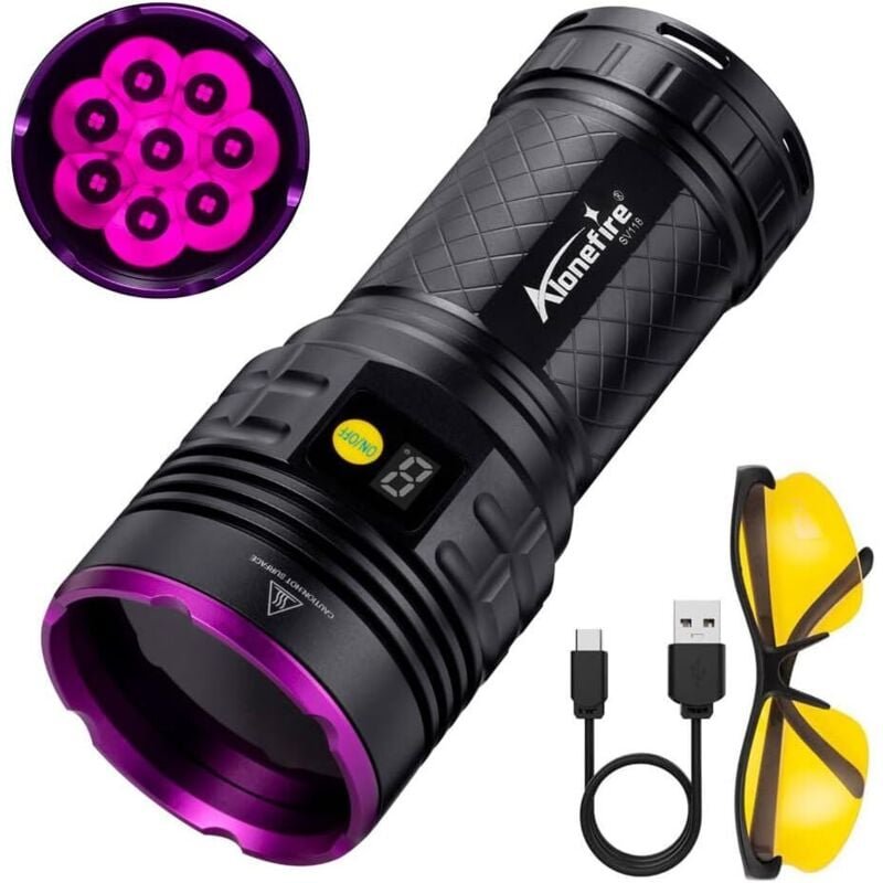 SV118 80W UV-LED-Taschenlampe, 365 nm, leistungsstarke, wiederaufladbare Schwarzlichtlampe mit USB-C-Anschluss und Digit...