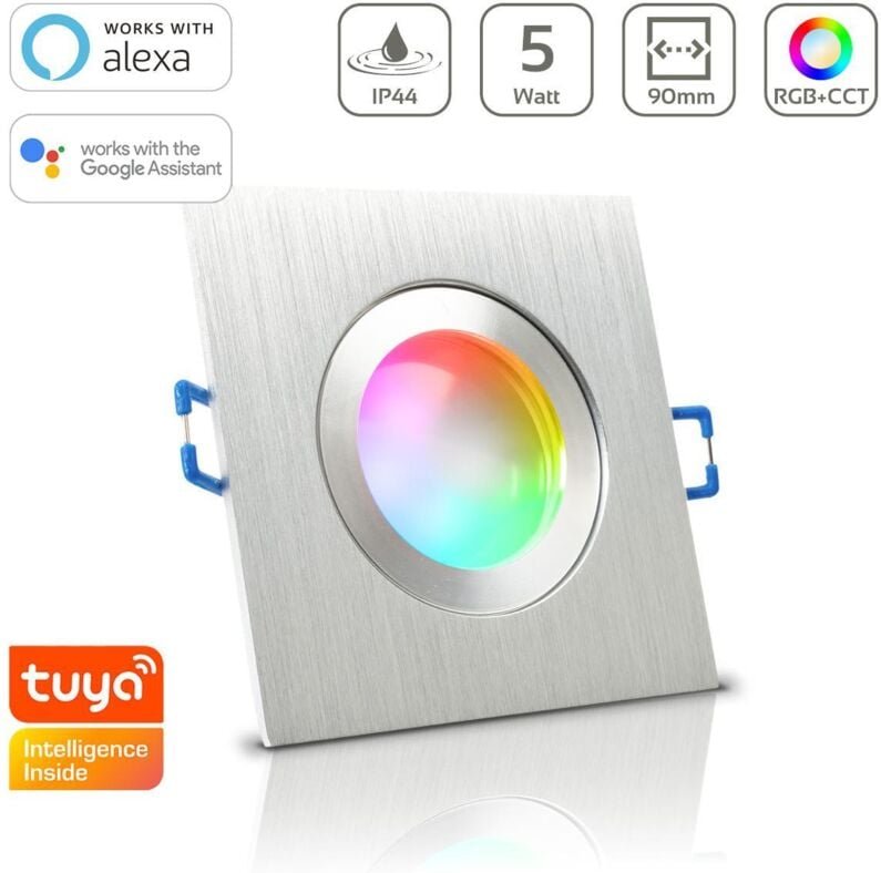 Einbauspot IP44 eckig - Farbe: Alu-gebürstet - LED Leuchtmittel: GU10 5W RGB+CCT Smart Tuya