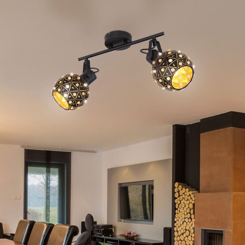 Globo - Deckenleuchte 2-flammig Metall Kristalle Esszimmer Design Deckenlampe mit beweglichen Spots, Metall schwarz gold...