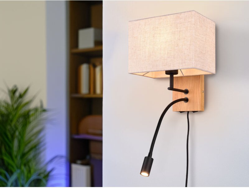 Meinewunschleuchte - led Wandleuchte mit Leselampe & eckigem Stoffschirm in Beige, Höhe 30cm
