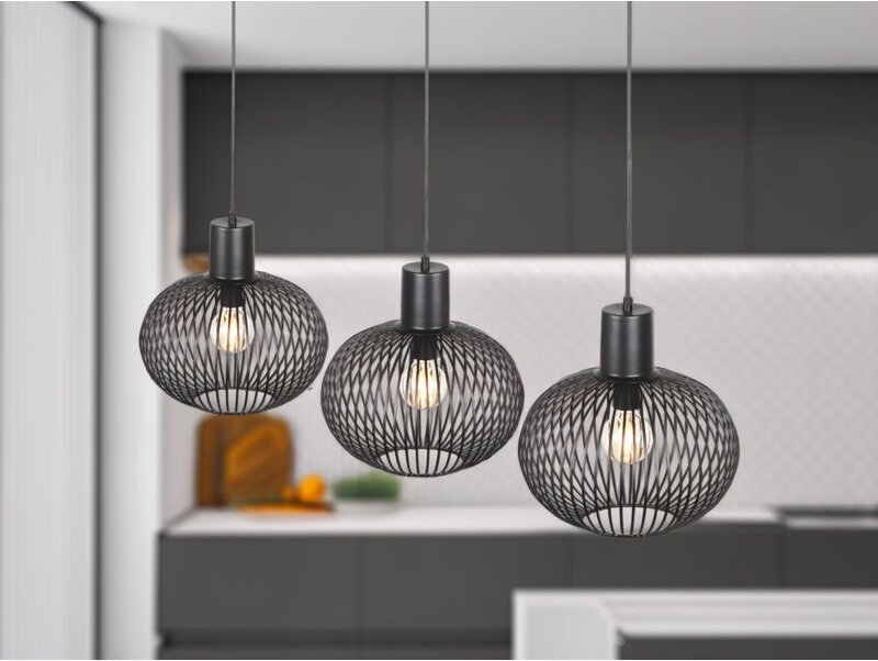 Led Pendelleuchte 3-flammig mit Gitter Lampenschirmen Schwarz, Breite 120cm