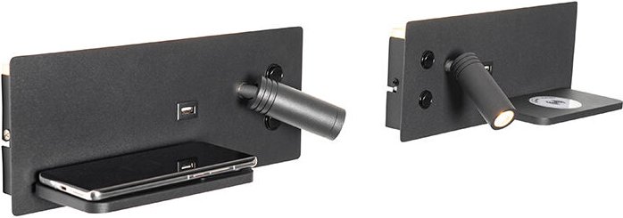 2er Set Wandleuchte schwarz inkl. led mit usb und Induktionsladegerät - Riza