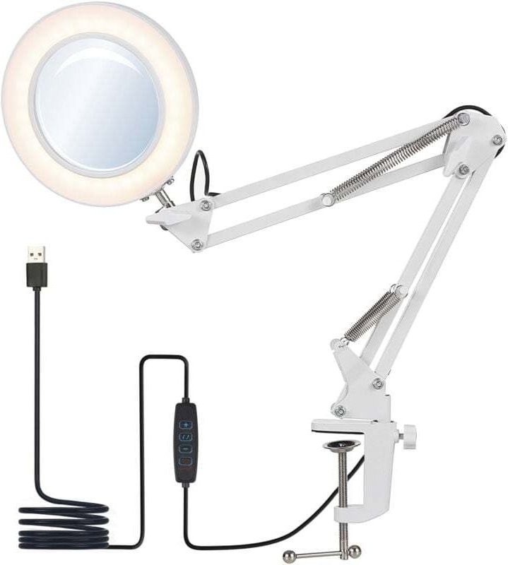 Flexible Klemm-Schreibtischlampe mit 8-facher Lupe. Einstellbare dimmbare LED-Schreibtischlampe mit 3 Farbmodi und 10 He...