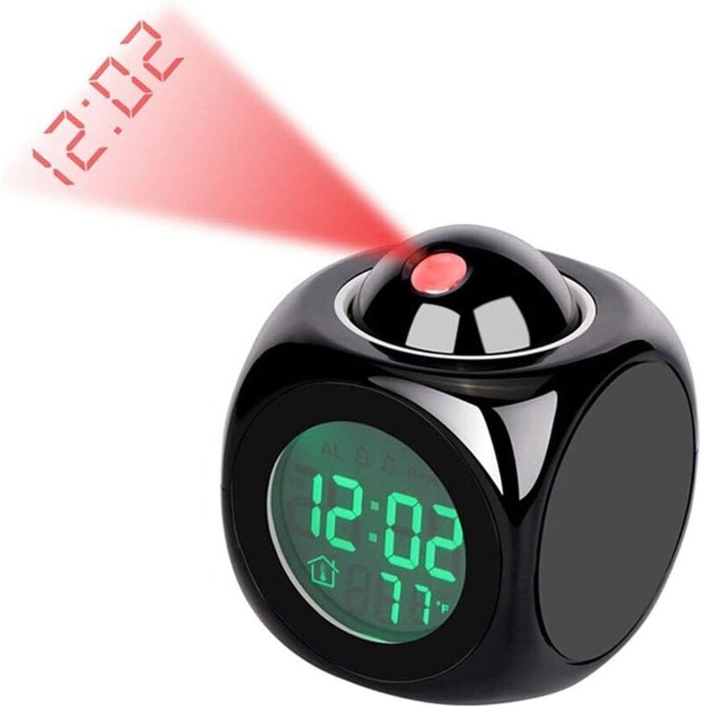 Reloj de proyección digital con alarma LED silenciosa, 12/24 h, control de voz, visualización de temperatura y función d...