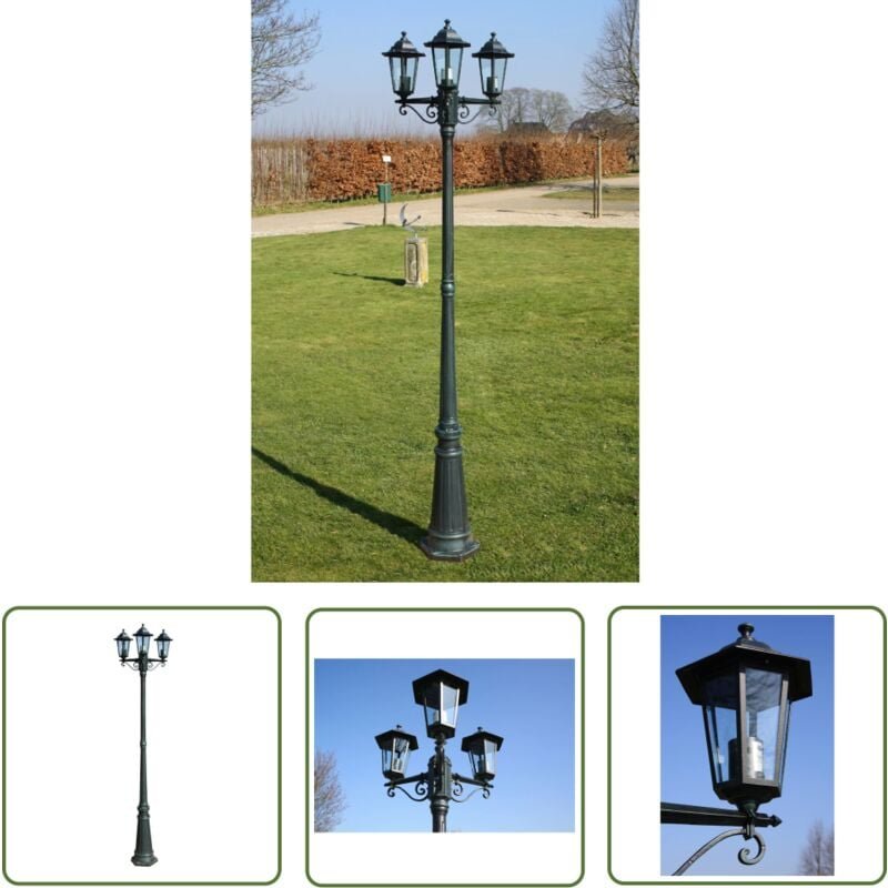 Gartenlaterne 3-flammig 215 cm Dunkelgrün/Schwarz Aluminium - Gartenleuchte - Außeleuchte - LED-Laterne - Alu-Laterne - ...
