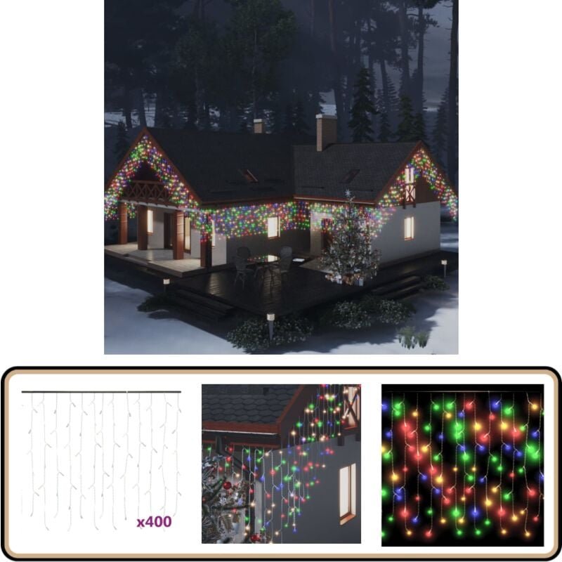 Lichtervorhang led Eiszapfen 10 m 400 led Bunt 8 Funktionen - LED-Lichtring - Eiszapfenleuchten - Weihnachtsdeko - Outdo...