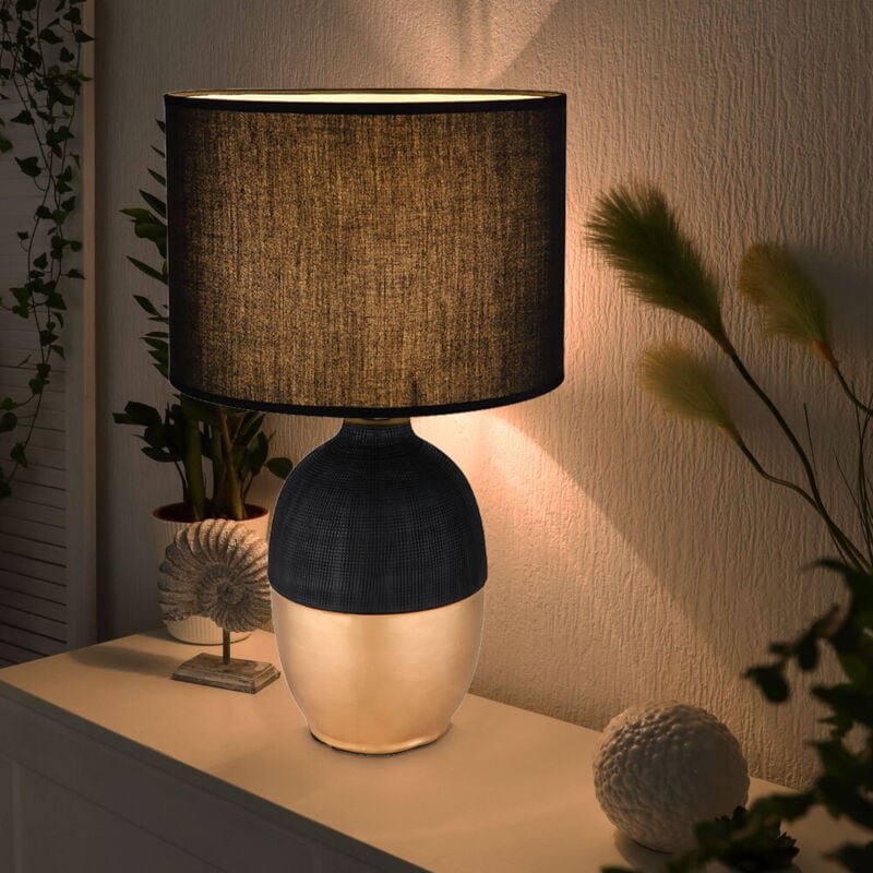 Tischlampe Schlafzimmer Beistellleuchte schwarz Leselampe modern, Designleuchte Nachtlicht Textilschirm, Keramik gold, 1...